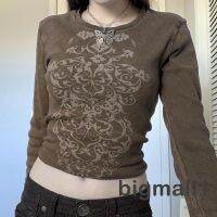 【คุณภาพสูง】Bigmall-เสื้อยืดลําลองสําหรับสตรีแขนยาวคอกลมพิมพ์ลายสไตล์วินเทจ