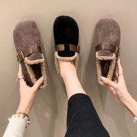 【ready stock】New Suede insulated small leather shoes for women with flat bottoms and round toes, one footed beanie shoes