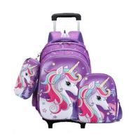 School Trolley Bags Set Lunch Bag Pen Bag For Girls School Rolling Backpack Wheeled Backpack 3 In 1 School Rucksack For Girls