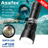 Asafee D857 Super Bright Diving Flashlight Portable Safety Light XHP70 LED Scuba Underwater 1000LM Magnetic Switch Torch Using 26650 Battery IPX8 Waterproof