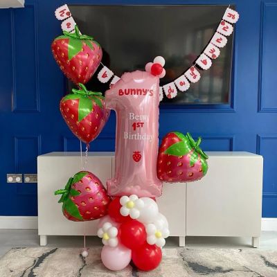 【CC】 21pcs Strawberry Theme Balloons Set 40Inch Pink Number for 1 2 3 Years Birthday Globos