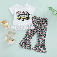 【Forever CY Baby】Little Girls 2Pcs Outfits, Short Sleeve Letter Print Round Neck Tassels Hem Pullover + Elastic Waist Colorful Flared Trousers