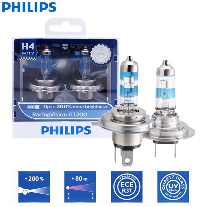 Philips Racing Vision GT200 H4 H7 12V +200% Brighter Light Car Halogen  Headlight Original Auto Lamps High Low Beam ECE, 2Pcs