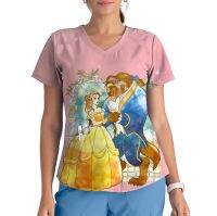 【LZ】¤☸❧  Tops da Bela e da Fera Disney Decote V manga curta bolso tops de esfrega camiseta uniforme de enfermeira hospital verão 2023