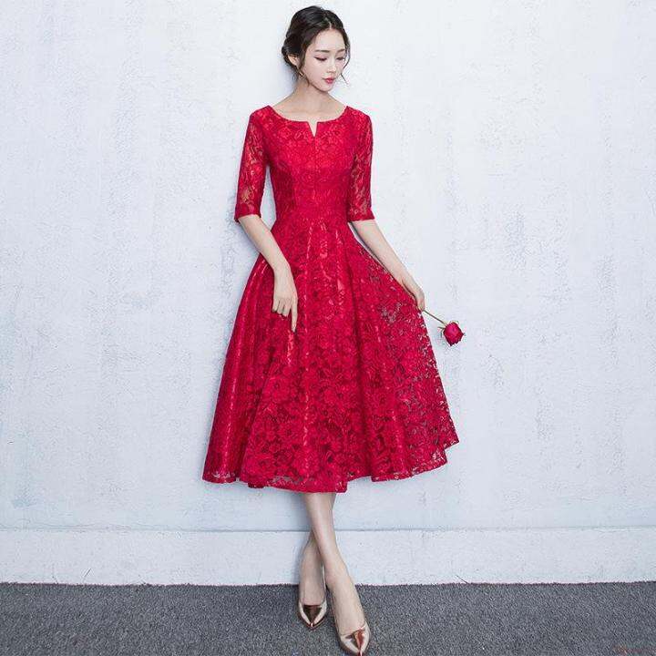 toast-2022-new-red-mid-length-slim-bridal-wedding-dress-womens-fashion-sleeve-banquet-evening-dress