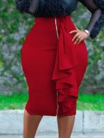 【LZ】♞☍  Mulheres saia fina cintura alta babados na altura do joelho feminino africano escritório senhoras pacote hip elegante trabalho wear vermelho laranja elástico novo