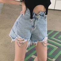 【CC】 S-2XL Ripped Raw Denim Shorts Waist Chain Hot Pant 2021 New Misplaced Irregular Jeans Female