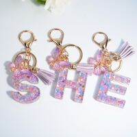 Exquisite A-Z 26 letter resin butterfly keychain purple snowflake sequin filled letter keyring car keychain pendant