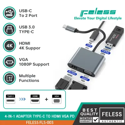 Feless อะแดปเตอร์ฮับ ฮับ 4 in 1 USB C HUB Type C USB C to HDMI VGA Adapter 4in1 Type-c to HDMI 4K for MacBook Pro HP Envy 13 Dell XPS13/15 Lenovo miix510