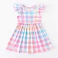 Girlymax Spring Summer Baby Girls Plaid Knee Length Short Sleeve Milk Silk Dress