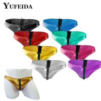 YUFEIDA Mens Fetish Brief Bikini Faux Leather Sexy Underwear Male Zipper Thong Pouch Underpants Gay Low Waist G-strings Panties