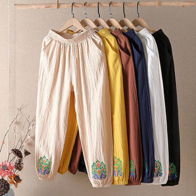 [Spot] cotton and linen bloomers womens embroidered plus size casual pants wide leg ankle banded pants embroidered womens pants fashion 2023