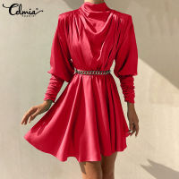 Celmia Women Silky Satin Puff Sleeve High-Neck Dress Club Party Pleated Swing Mini Dress