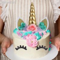 1Set Unicorn Horn Eye Cake Toppers Happy Birthday Party Decoration Baby Shower Wedding Unicorn Theme Cake Accessoires Supplies