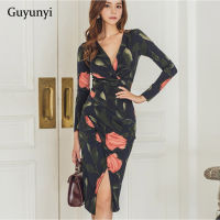 2021Spring Autumn Party Dress Irregular Split Slash Sexy Dress Elegant Package Hip Midi Dress Floral Women Dress Robe Club New