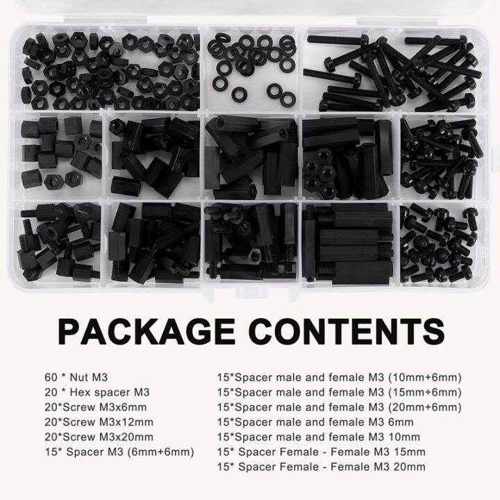 260pcs-m3-male-female-nylon-hex-spacer-standoff-screw-nut-threaded-pillar-pcb-motherboard-assorted-assortment-kit