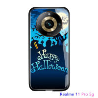 เคสสำหรับ Realme 11 Pro 5G Realme 11 Pro + 5G เคสเครื่องประดับโทรศัพท์ปาร์ตี้ฮาโลวีนกันกระแทกดีไซน์ค้างคาวแม่มดฟักทองเคสกระจกเทมเปอร์ฝาครอบป้องกัน