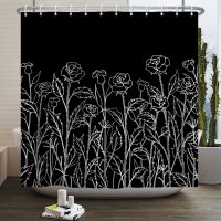 Black and White Shower Curtain Line Drawing Romantic Rose Flowers Leaves Bathroom Curtains Modern Art Waterproof Bathing Screen