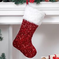 1PC Sequin Plush Christmas Socks Christmas Stockings Plush Socks Xmas Children 39;s Candy Gift Bag Tree Ornaments Home Decor Xmas