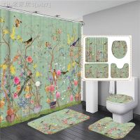 【CW】☋  Chinese style Flowers and Birds Shower Curtain Set Toilet Cover Non-Slip Rug