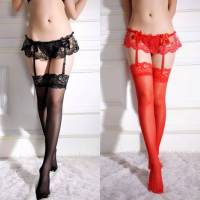 2ชิ้น/Set สายเกี่ยวถุงน่อง+ถุงน่อง Women Sexy Lace Stockings and Garter Belt Suspender Set Erotic Lingerie thigh high stockings