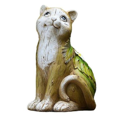 Garden Statue Cat with Leaves and Flowers, Outdoor Art Kitten Statue Ornament for Patio Porch Indoor Animal Sculpture