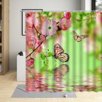 Spring Scenery Pink Flower Rose Shower Curtain Tree Branch Peach Blossom Butterfly Tulip Bathtub Curtains Gardening Home Decor