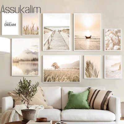 Beige Landscape Wall Posters Bridge Art Prints Hay Reed Flowers Canvas Painting Nordic Wall Pictures Living Room Decoration Wall Décor