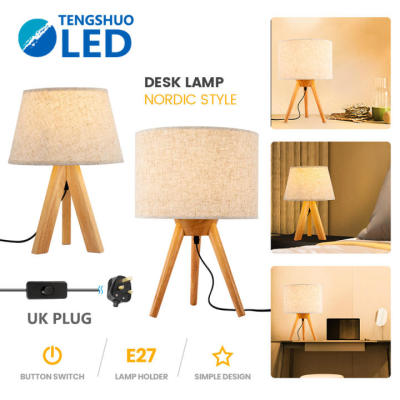 TengShuo Nordic LED table light led light for room hotel Wood design UK Plug Simplicity table lamp and cloth lampshade E27 Holder Bedside Lamp desk li