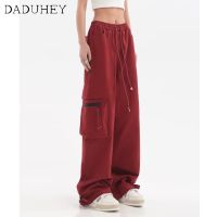 Womens American pants DaDuHey? Straight Winter Cargo Loose Slimming Waist High Red Leg Casual Wide Retro