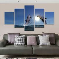 5 Panel Jumping Dolphins Sea Sun 5 Pieces Paintings Wall Room Decor Pictures Canvas Poster HD Print Home Decor Art No Framed