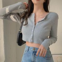 Women Slim Button Long Sleeve Crop T-shirt