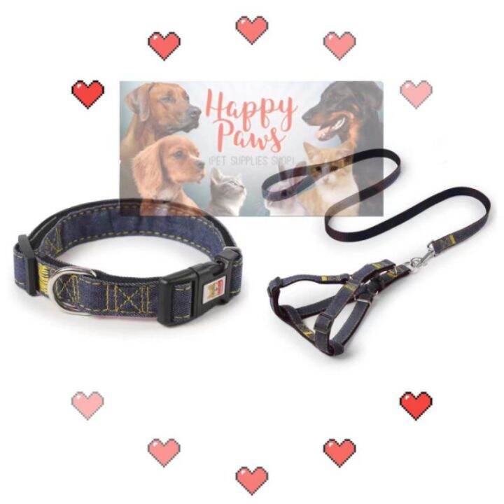 【HAPPY PAWS PET】Dog Harness Leash and Collar Matching Sets with Denim