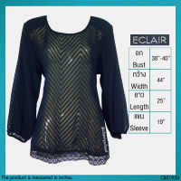 USED Eclair - Sheer Navy Blue Striped Top | เสื้อแขนยาวสีกรมท่า สีน้ำเงิน เสื้อซีทรู ลายทาง ลูกไม้ สายฝอ สาวอวบ ทำงาน แท้ มือสอง