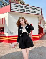 Pimala เสื้อคลุมแขนยาวแต่งกระเป๋างานปักสวยหรู + จั้มสูทขาสั้น ทรงขาบาน เป็นสายเดี่ยวเว้าลง ทรงบรา สายปรับได้