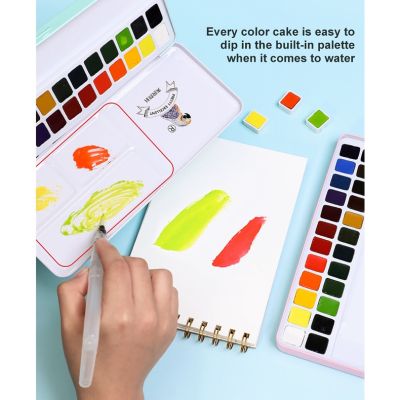 Pretty Excellent 24/36 Colors Solid Watercolor Paint Set Watercolour Paints Portable Metal Case with Palette and Art Paint Brushes Supplies