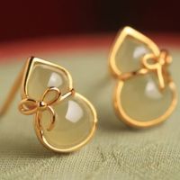 Blue jade gourd earrings, female bow knot, niche design earrings, light luxury, high-end feel, antique jade earrings, 2023 new model UEBP