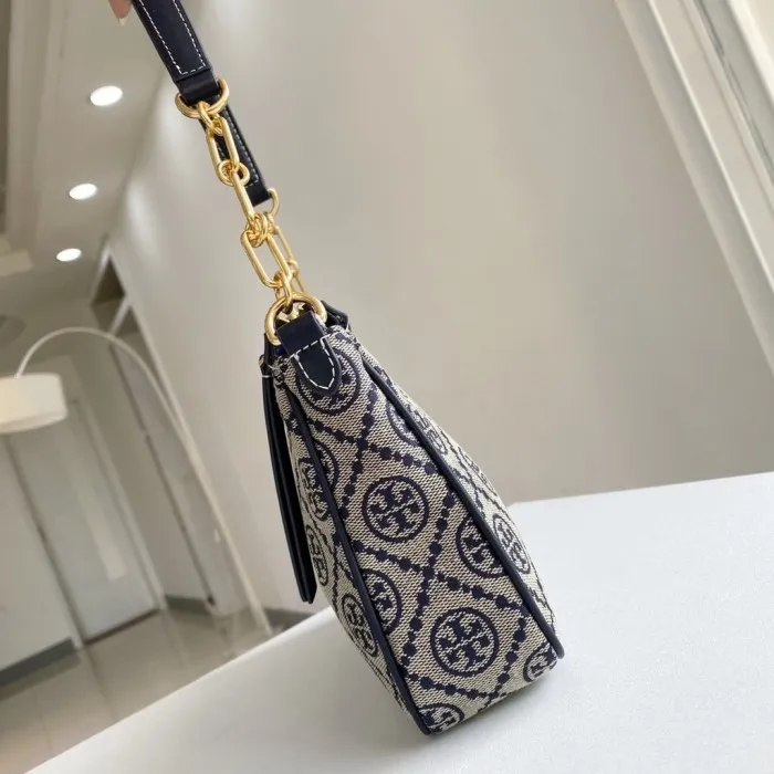 TORY BURCH T Monogram Jacquard Zip Shoulder Bag NAVY NWT