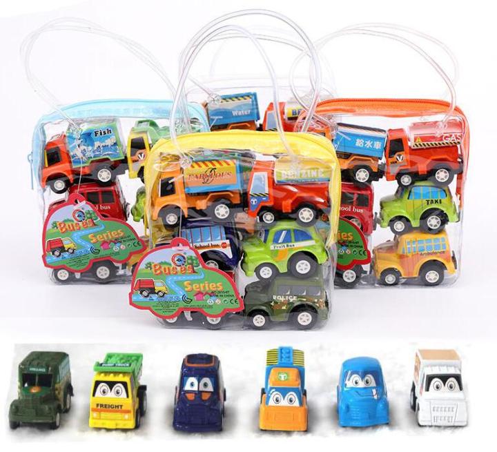 รถของเล่นรถลากสำหรับเด็ก6ชิ้น-ล็อตเด็กแข่งรถรถมินิลายการ์ตูนรถบังคับวิทยุรถบัสสำหรับเด็กผู้ชาย