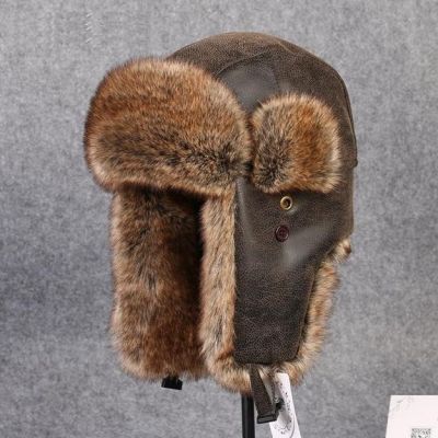 Men Fur Leather Hat for Winter Imitation Leather Fur Hat with Pom Ear Protect Bomber Hats Russian Ushanka Cap Leifeng Hat B-8431