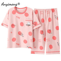 Plus Size 2 Piece Set Women 4XL 5XL Summer Calf-Length Pants Sleepwear Cotton Loose Cartoon Pijamas Woman Clothing Big Homesuit