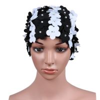 Handmade Swimming Cap Women Pearl Sewed Floral Elastic Breathable Quick Dry Bathing Hat For Long Hair Swim Caps