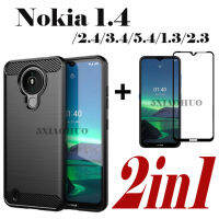 2in1เคสโทรศัพท์สำหรับ Nokia 1.4 2.4 3.4 5.4 1.3 2.3ปลั๊กกันกระแทกซิลิโคนคาร์บอนไฟเบอร์ Texture TPU อ่อนแปรง + กระจกเทมเปอร์ฟิล์ม