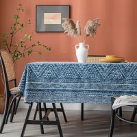 ผ้าปูโต๊ะสามเหลี่ยมเรขาคณิตสีฟ้าพิมพ์บล็อกผ้าฝ้ายและผ้าลินินผ้าปูโต๊ะสี่เหลี่ยมปกโต๊ะกาแฟ
