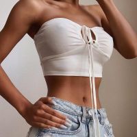 COD SDFERTGEYGRT DOZW Sexy Solid Lace Up Bow Halter Ruched Crop Top Fashion Sleeveless Backless Tube