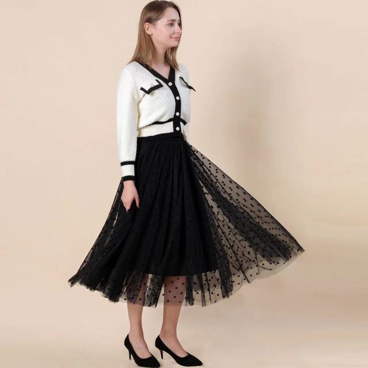spring-summer-versatile-yarn-skirt-heavy-industry-flocking-wavelet-dot-mesh-halflength-skirt-medium-length-80cm-skirt