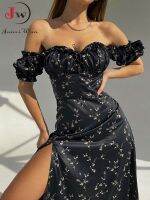 Slash neck Floral Print Split Beach Dress Women Summer Elegant Ruffles Party Long Dress Vestidos S~3XL