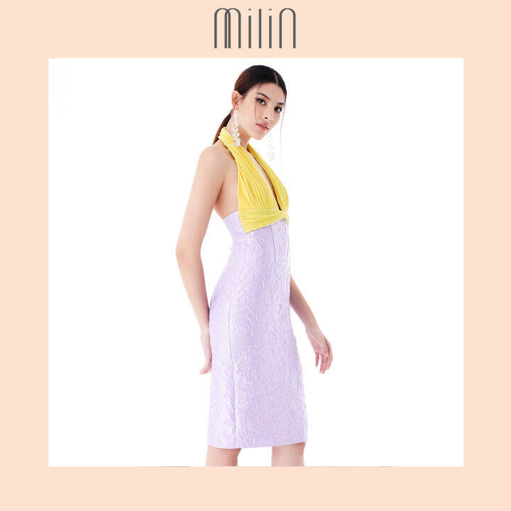 milin-halter-deep-v-neck-front-twist-midi-dress-ชุดเดรส-คอวี-เว้าลึก-คล้องคอ-แต่งบิดด้านหน้า-salema-dress-สีเหลือง-ม่วง-สีม่วง-ชมพู