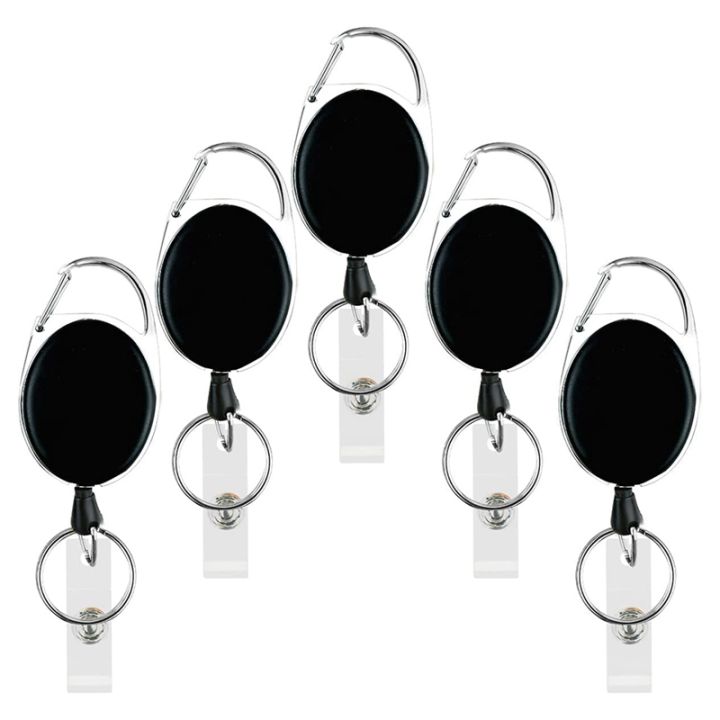 5-pack-heavy-duty-retractable-badge-reel-id-card-holder-with-clip-and-keyring-carabiner-keychain-with-belt-clip-black