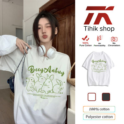 Tihik เสื้อยืดแขนเสื้อแขนสั้นคอกลมพิมพ์ลายการ์ตูนเกาหลีขนาดใหญ่สำหรับผู้หญิง